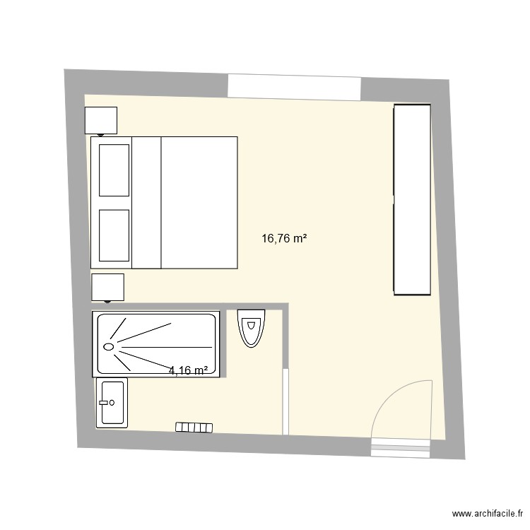 Chambre bleue n3. Plan de 2 pièces et 21 m2