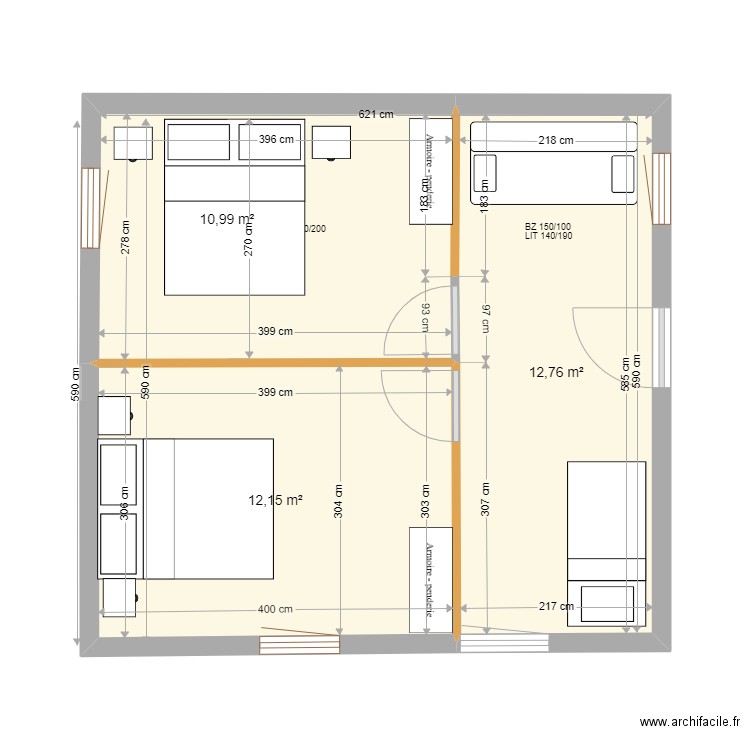 petite maison P-58A. Plan de 3 pièces et 36 m2