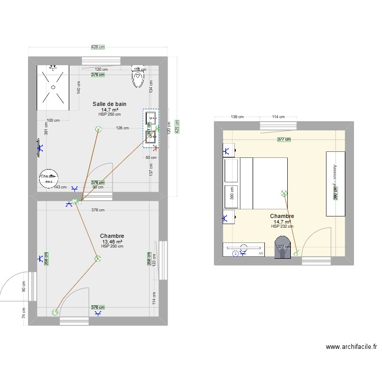 SDB haut + Chambre. Plan de 3 pièces et 43 m2