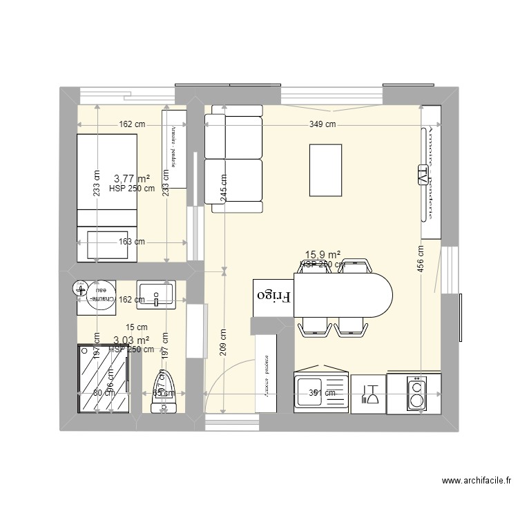 studio2. Plan de 3 pièces et 23 m2