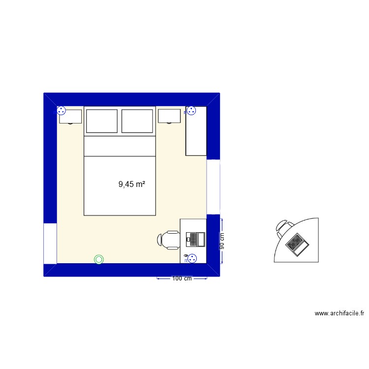 CHAMBRE BUREAU. Plan de 1 pièce et 9 m2