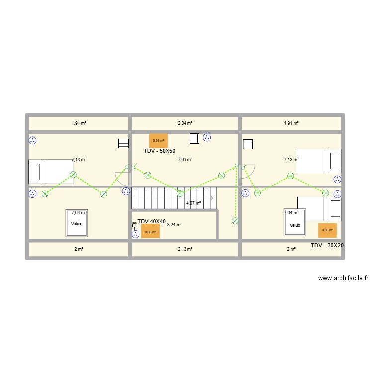 1 ETAGE. Plan de 23 pièces et 114 m2