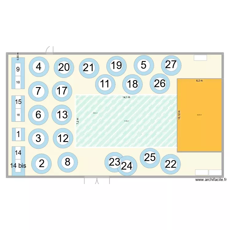 Plan r&eacute;veillon 2026-2027 avec empattement chaises et 21 tables rondes-1. Plan de 3 Pièces et 497 m²
