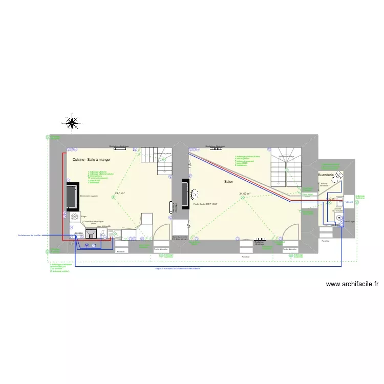 RDC_Electricité_et_Plomberie. Plan de 3 Pièces et 65 m² RDC_Electricité_et_Plomberie. Plan de 3 Pièces et 65 m²