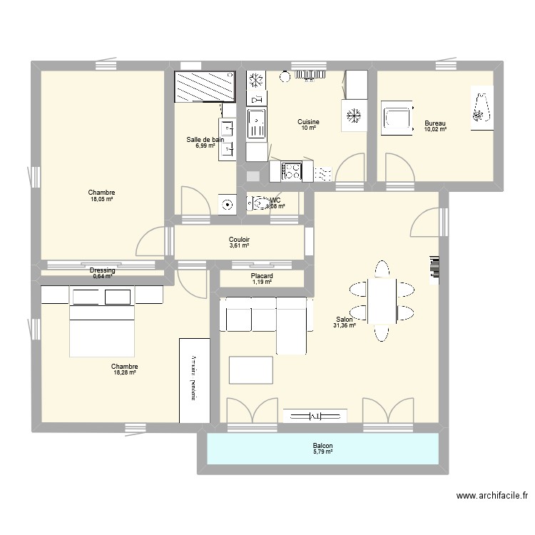 Appartement - détail cuisine. Plan de 12 pièces et 107 m2