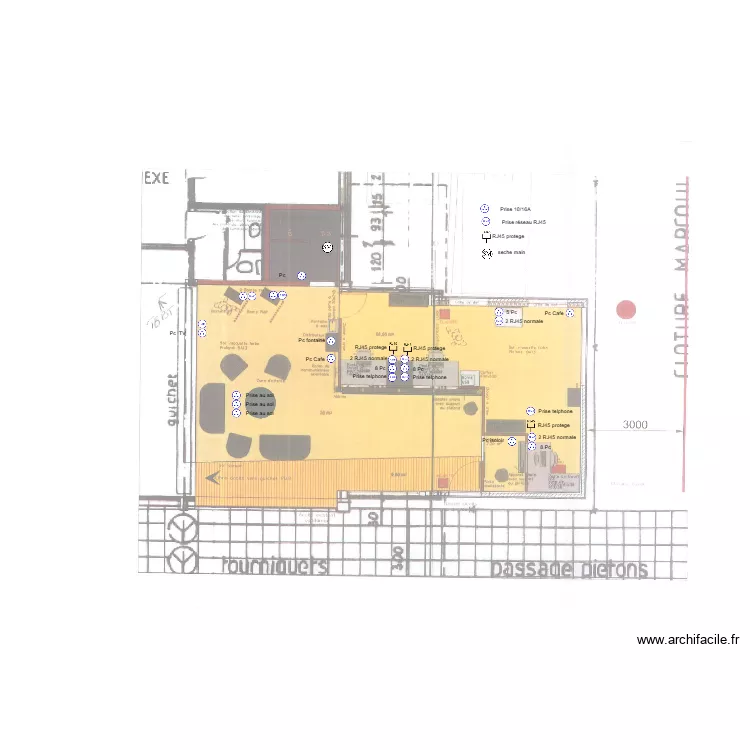 Prise de courant /RJ. Plan de 