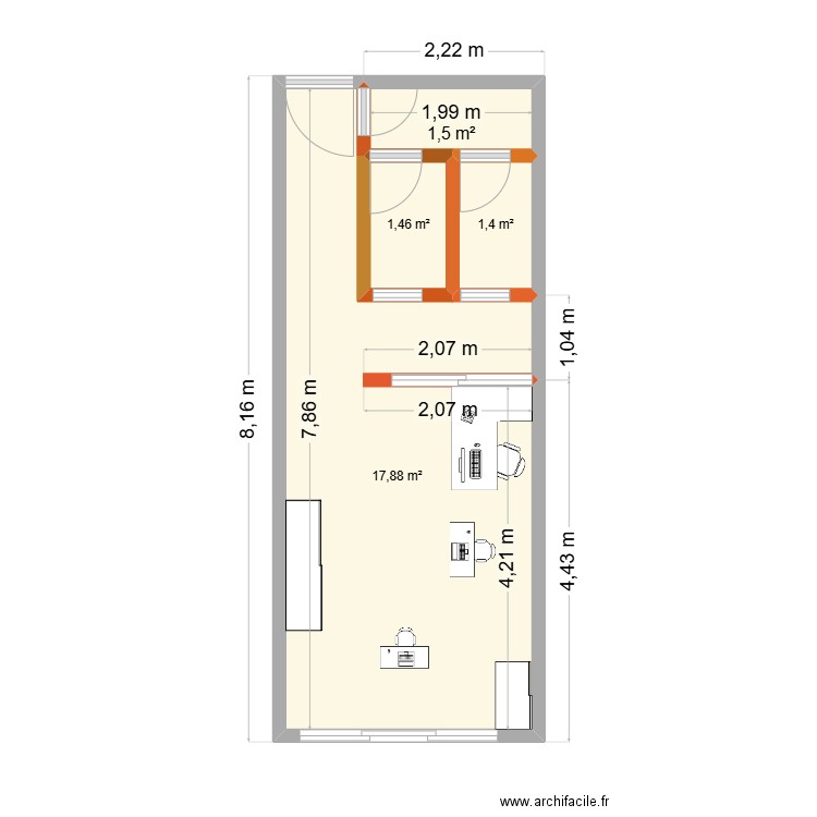 boutiques. Plan de 4 pièces et 22 m2