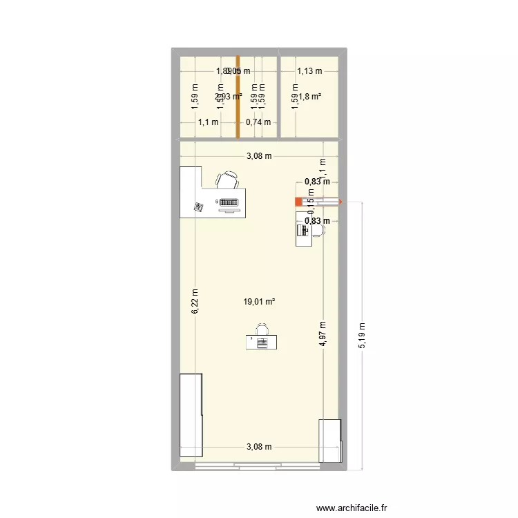 boutiques. Plan de 3  et 24 m²
