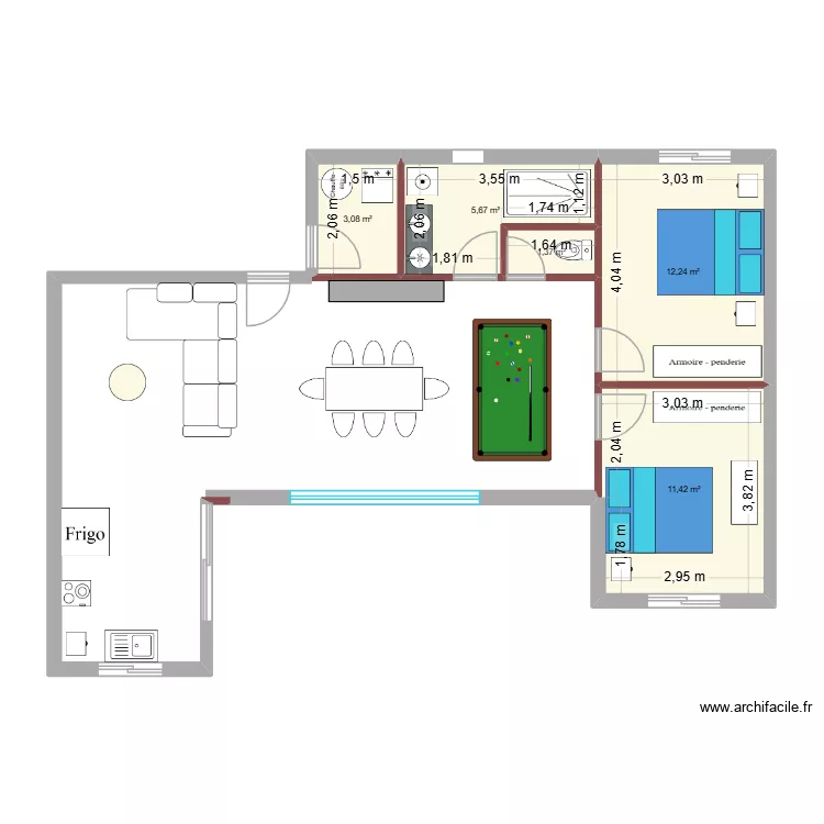 Fred2. Plan de 5 pièces et 34 m²