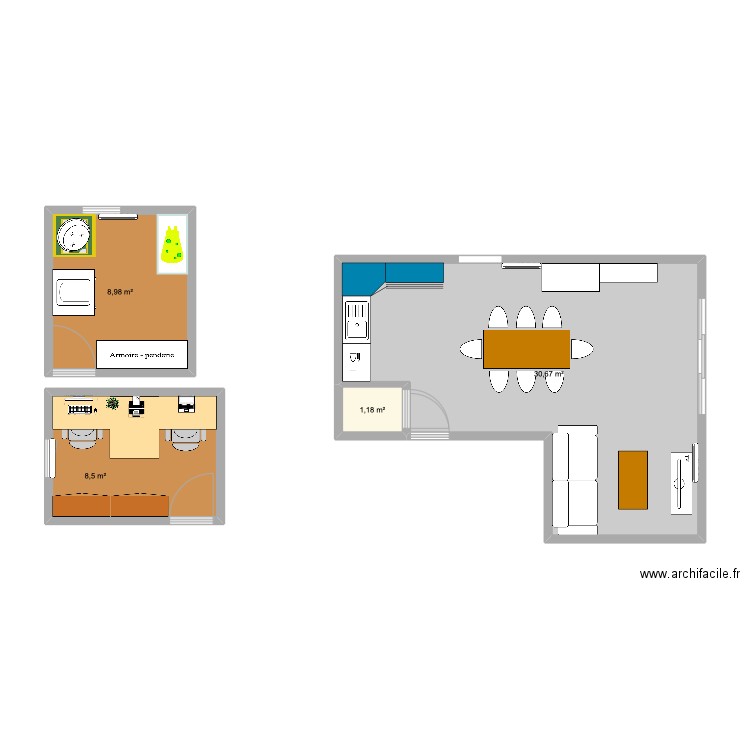 Bureau Mélissa & Antoine. Plan de 3 pièces et 50 m2