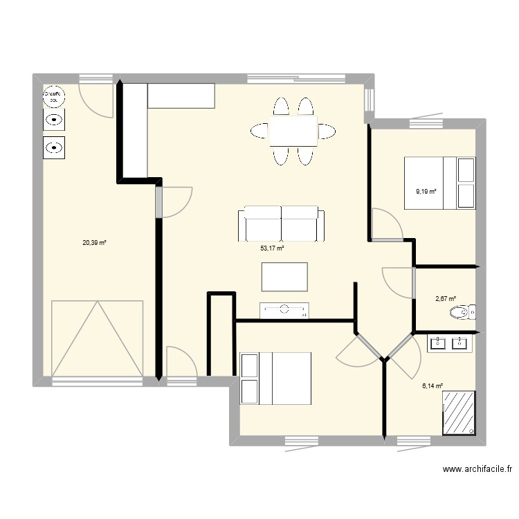 V3-3. Plan de 5 pièces et 92 m2