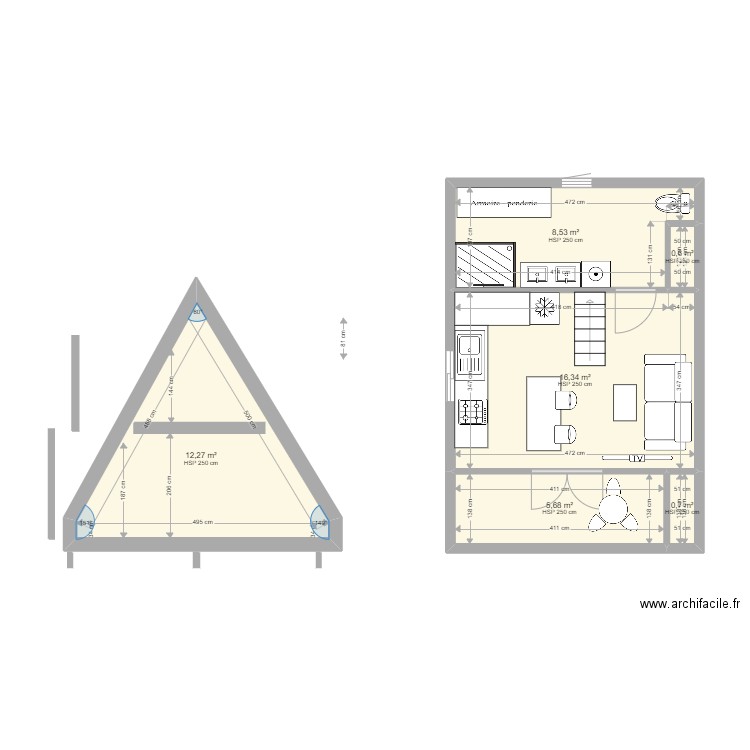 a frame folie. Plan de 6 pièces et 44 m2