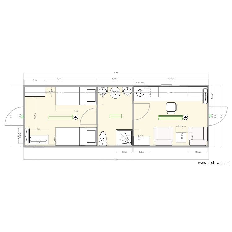 hallub. Plan de 3 pièces et 25 m2