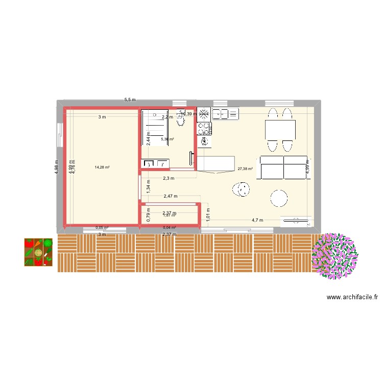 B-Parents pilou. Plan de 6 pièces et 49 m2
