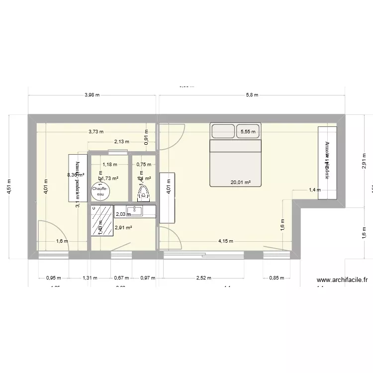 Rez de chauss&eacute;e Gen&ecirc;ts v2 avec mur en pierre. Plan de 5 Pièces et 34 m²