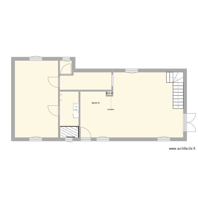 rez de chaussé. Plan de 2 pièces et 68 m2