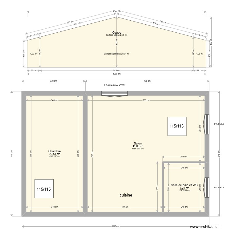 defais. Plan de 3 pièces et 72 m2