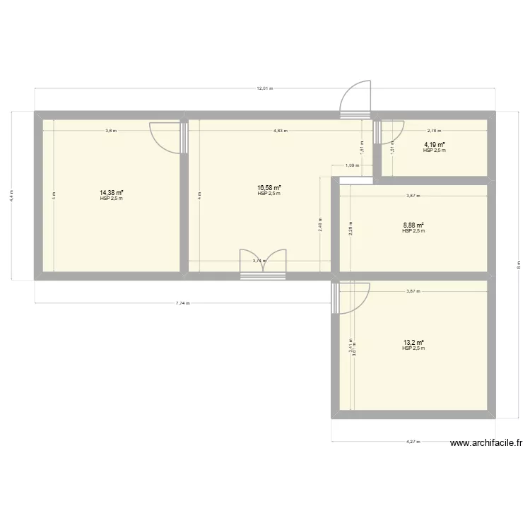 ANTSOAKAMANONDRO EN L. Plan de 5  et 57 m²