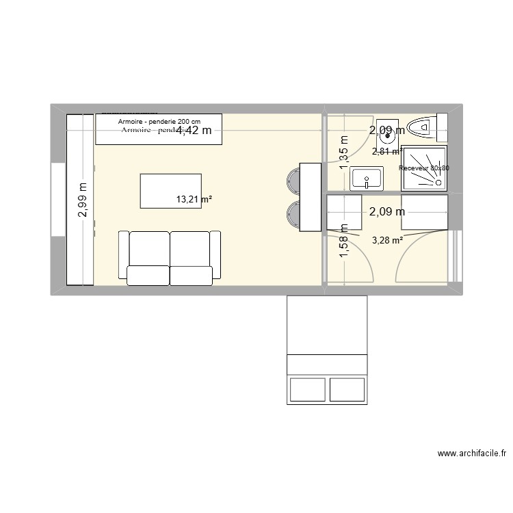 StudioPerigoudrine tvx2. Plan de 3 pièces et 19 m2
