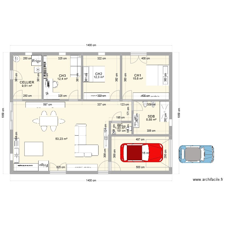 maison en longueur. Plan de 0 pièce et 0 m2