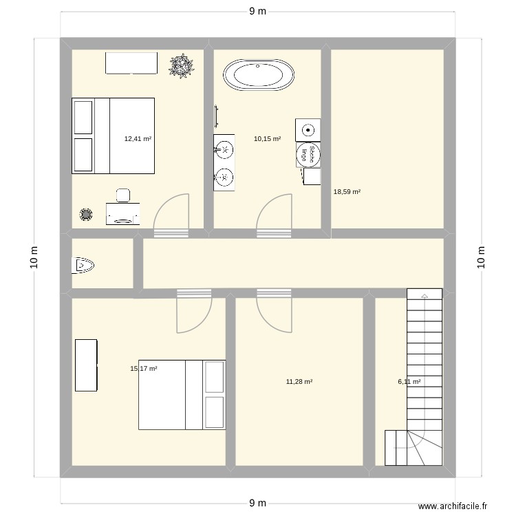 etage. Plan de 6 pièces et 74 m2
