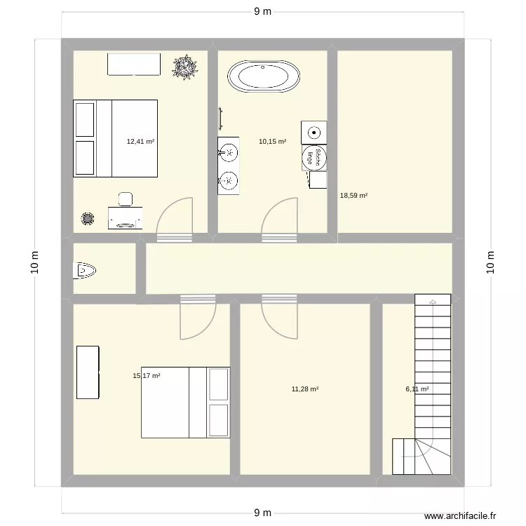 etage. Plan de 6 pièces et 74 m²