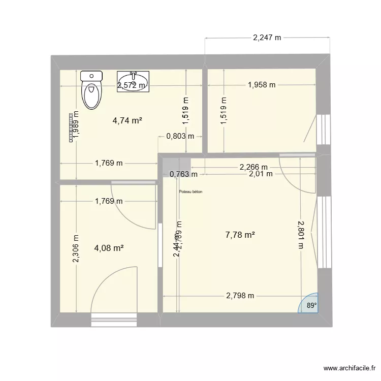 future &eacute;ventuelle salle de bain PLAN 2. Plan de 4 pièces et 20 m²