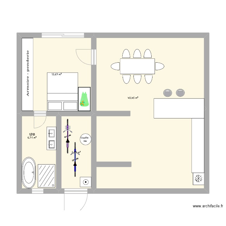 Chambre. Plan de 4 pièces et 70 m2