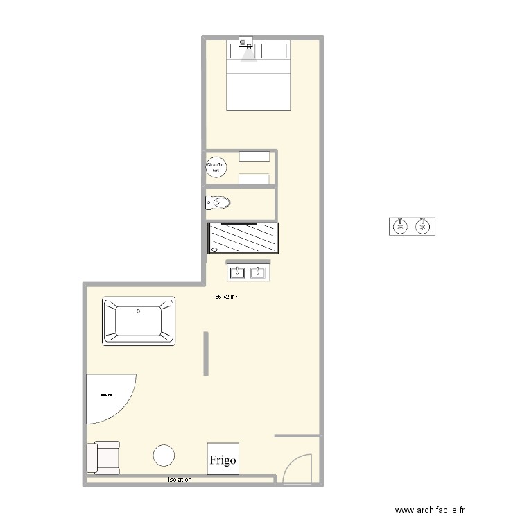la madeleine local. Plan de 2 pièces et 57 m2
