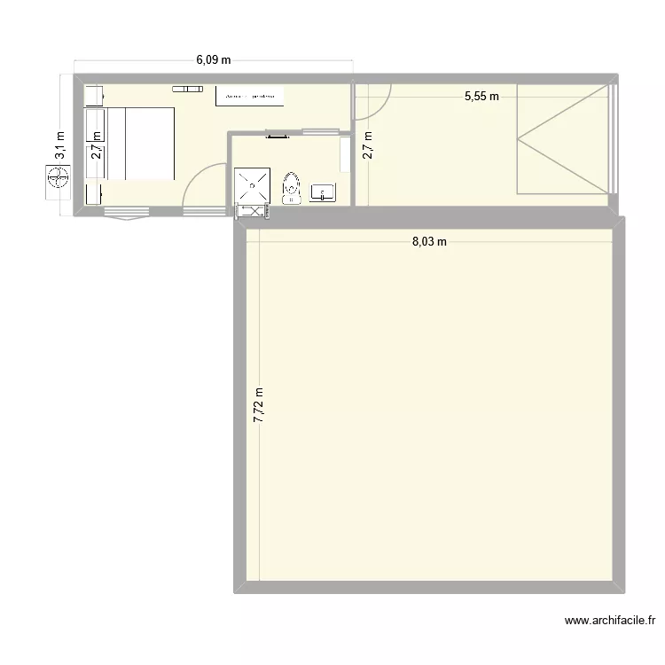 Chambre 3 + Atelier + maison. Plan de 4  et 92 m²
