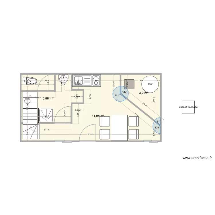 Studio V2. Plan de 3  et 21 m²