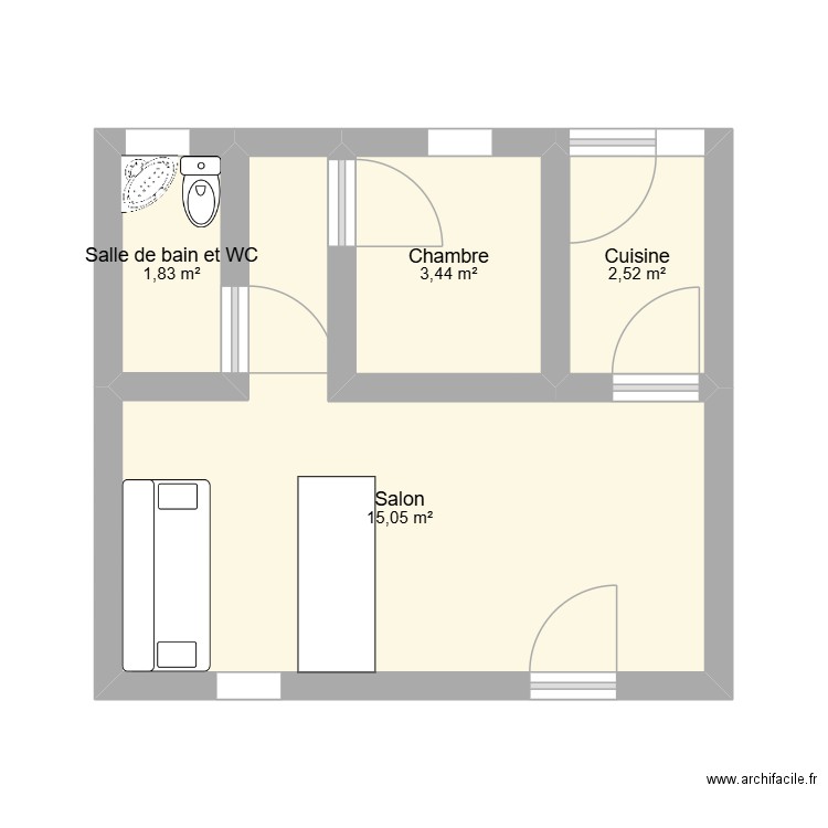 Plan Chambre + Salon. Plan de 4 pièces et 23 m2