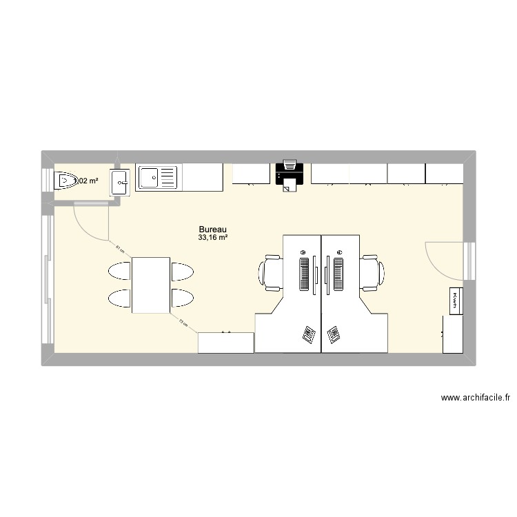 bureau bléré. Plan de 2 pièces et 34 m2