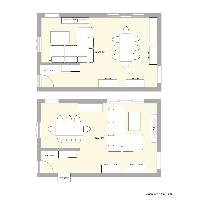 Agencement salon/salle à manger. Plan de 2 pièces et 66 m2