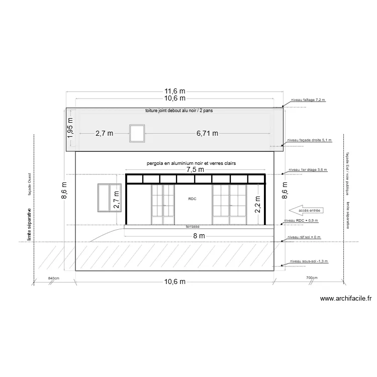 DP maison Douvres / plan projet pergola / fa&ccedil;ade Sud. Plan de 3  et 79 m²