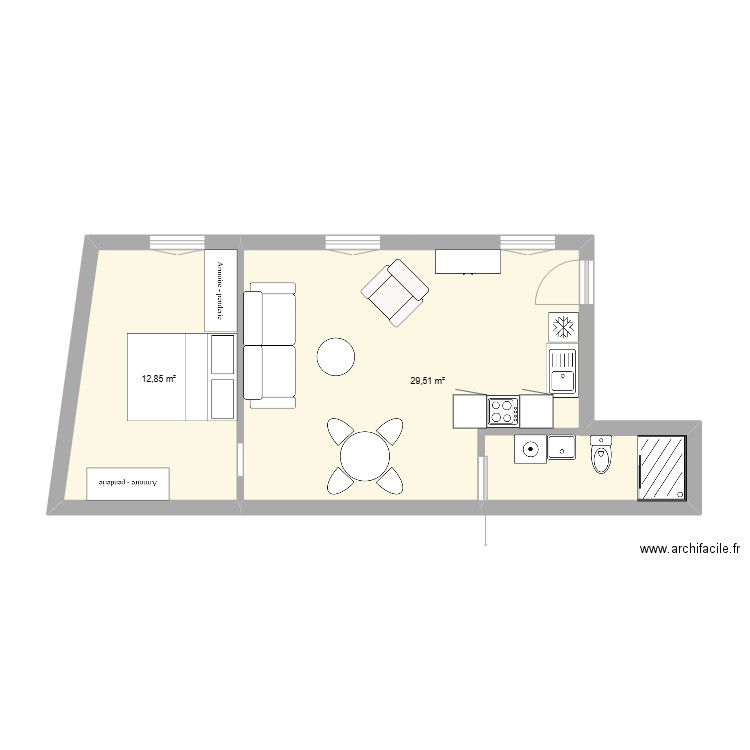 387 TER TER. Plan de 2 pièces et 42 m2