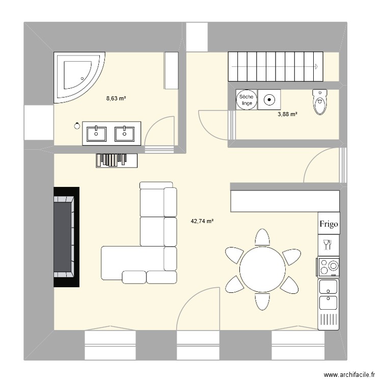 Les sauces rdc. Plan de 3 pièces et 55 m2