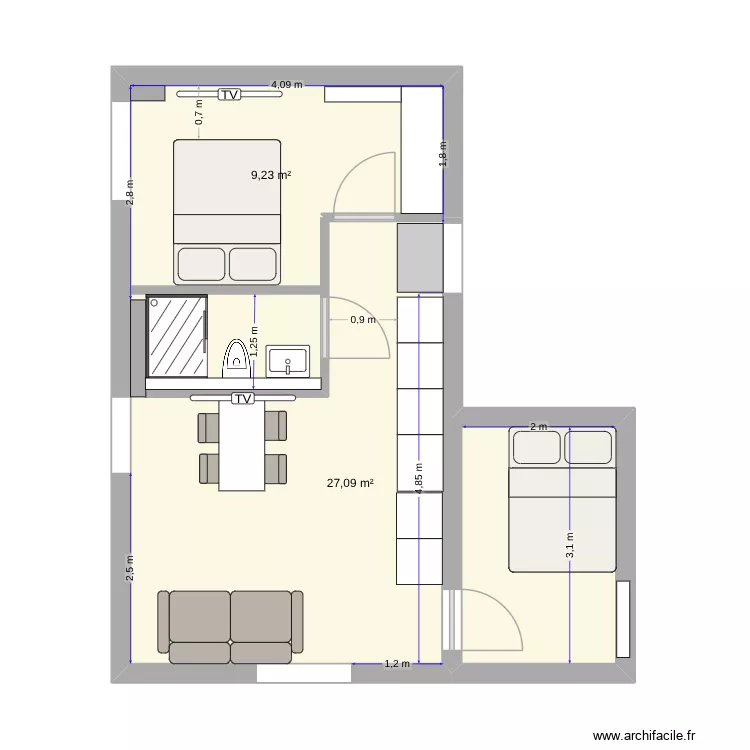 APPART LOUVRE DROITE V2. Plan de 2 Pièces et 37 m²