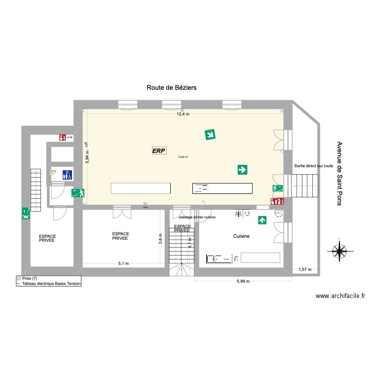 Bar RDC. Plan de 1 pièce et 74 m2