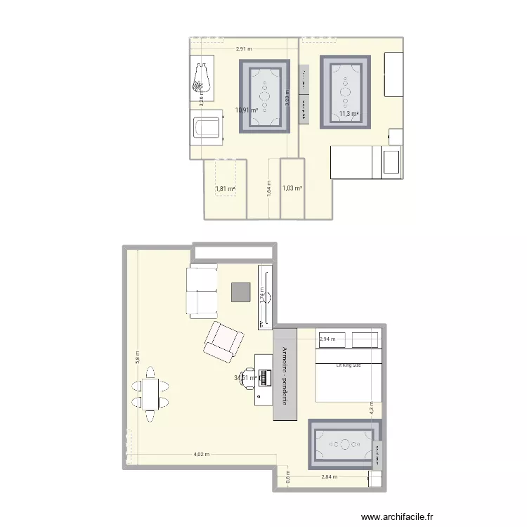 Salon r&eacute;am&eacute;nag&eacute;. Plan de 5  et 60 m²