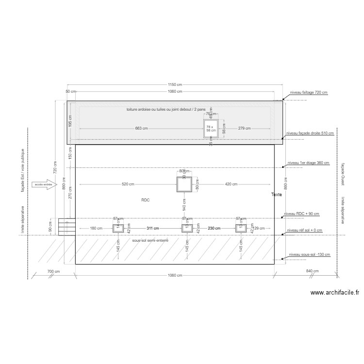 PC maison Douvres / plan projet réhausse / façade Nord. Plan de 3 pièces et 79 m2