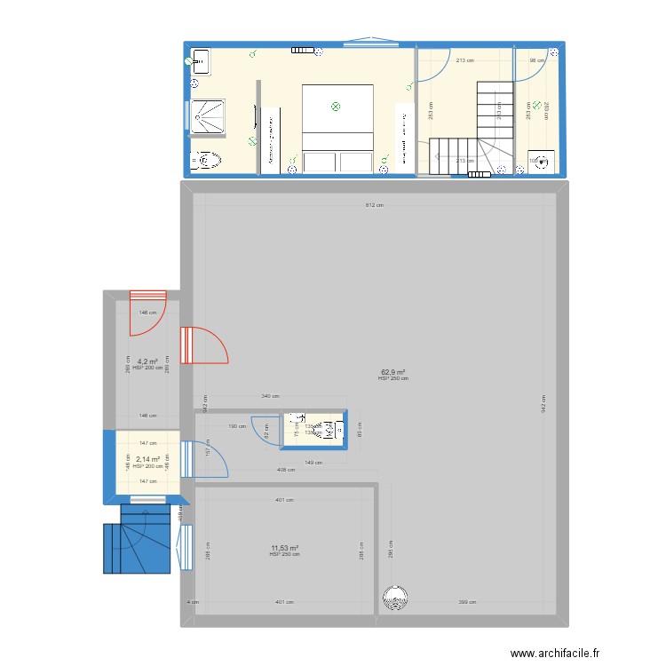 Projet extension Bis. Plan de 8 pièces et 105 m2