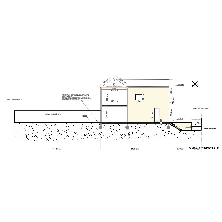 coupe. Plan de 3 pièces et 4 m2