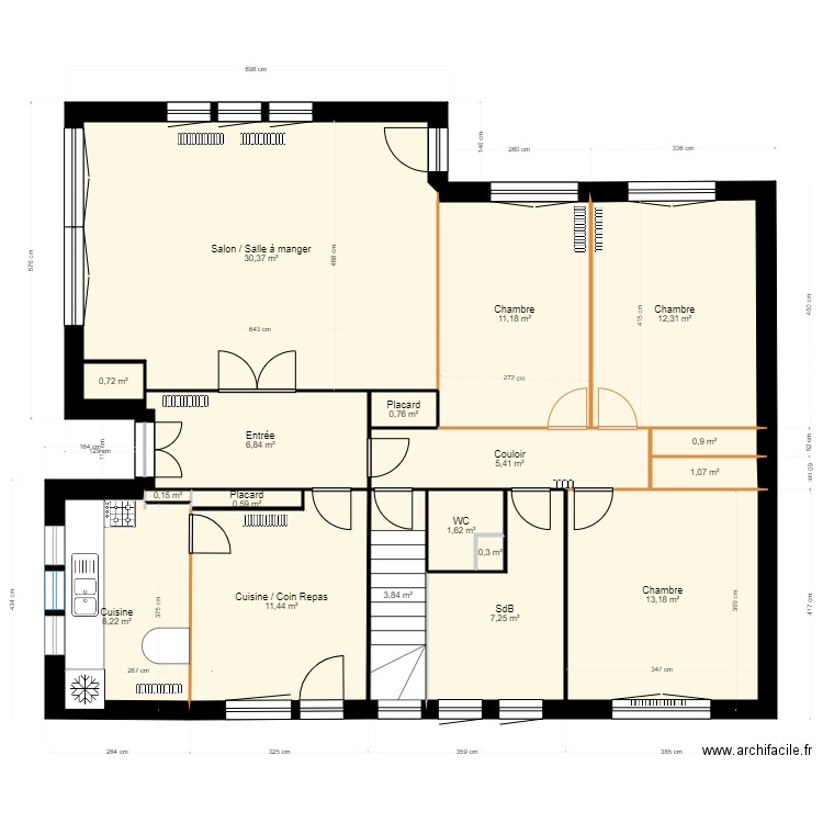 Maison Bérange initiale. Plan de 18 pièces et 116 m2