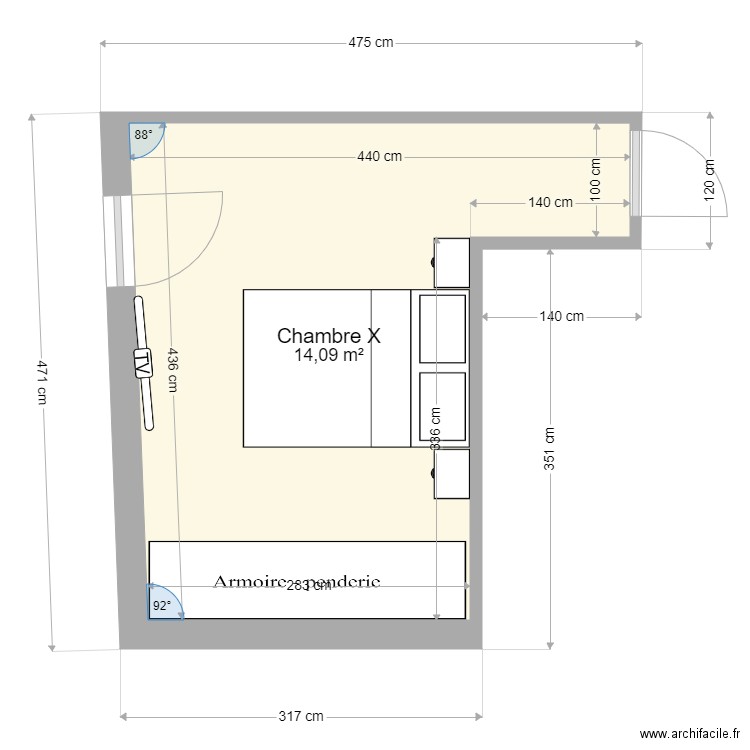 PLAN NOUVEL ANGLE : Chambre X. Plan de 1 pièce et 14 m2