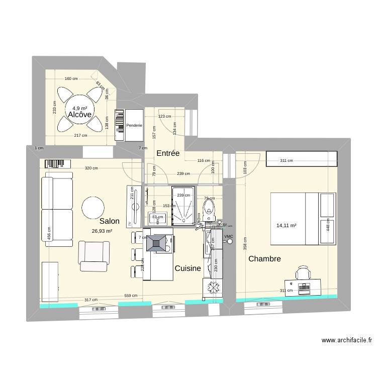 01 Levallois Plan projet. Plan de 3 pièces et 46 m2