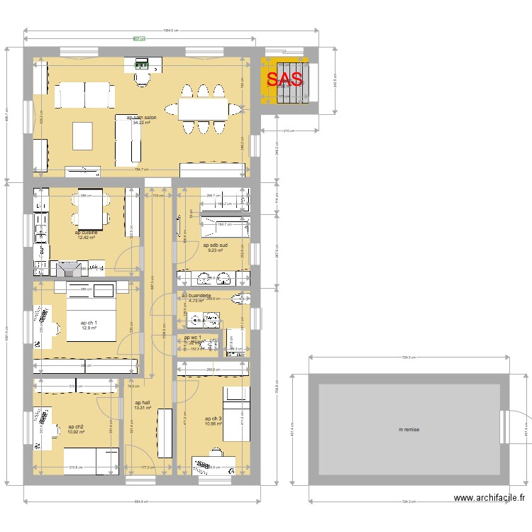 appartement 3ch salon jardin et remise - Plan 11 pièces 135 m2 dessiné ...