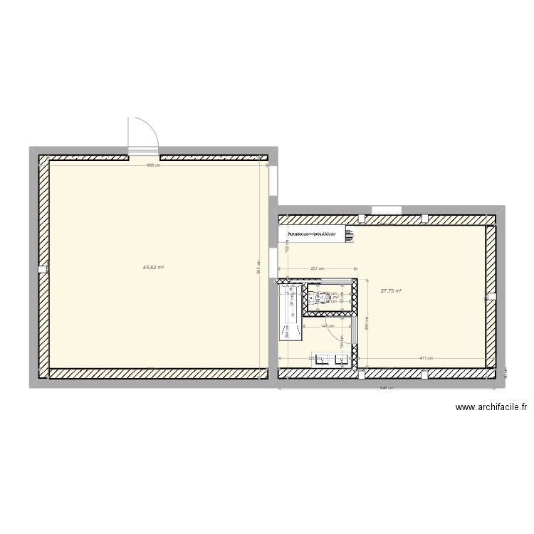 Vesin Salon chambre. Plan de 3 pièces et 74 m2