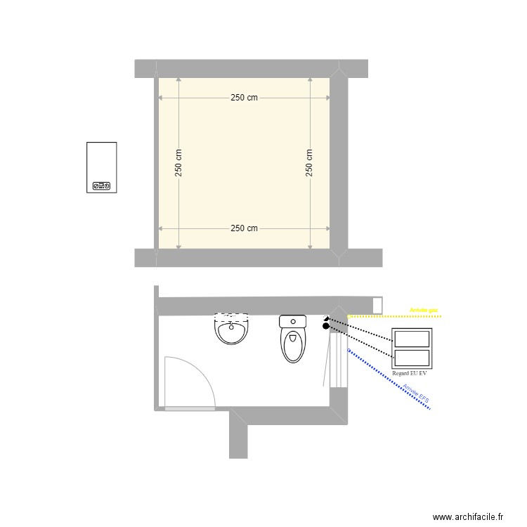 2-2 MIS schéma CE gaz. Plan de 1 pièce et 6 m2