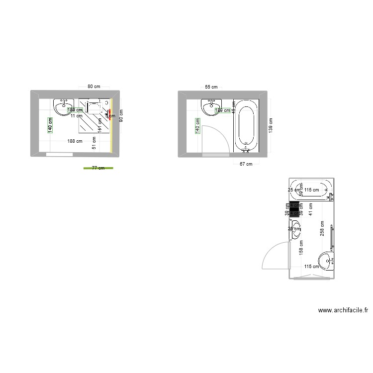 Plan mesures + Meubles. Plan de 3 pièces et 6 m2